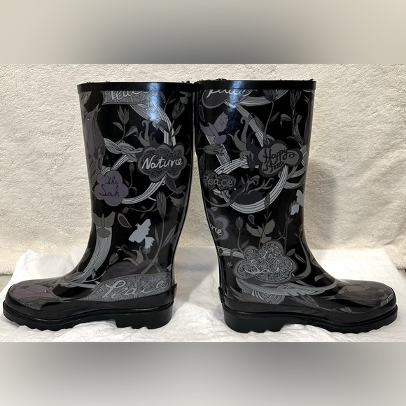 THE SAK “peace nature happy free” rain boots mud Wellies purple black design - Picture 8 of 10